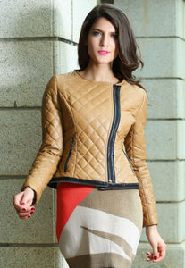 Stylish Khaki Collarless Quilted PU Womens Jacket