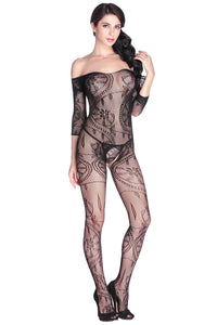 Swirl and Floral Lace Open Crotch Body Stocking