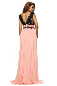 V Neck Lace Bodice Contrast Maxi Evening Dress
