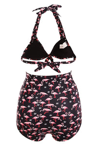 Waterfowl Print Black Retro High Waist 2 Pieces Plus Swimsuit