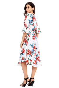 Sexy White 3/4 Bell Sleeve Floral Midi Dress