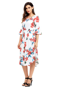 Sexy White 3/4 Bell Sleeve Floral Midi Dress