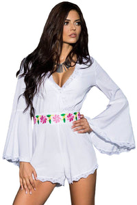 White Bell Sleeve Scalloped Lace Trim Belted Playsuit