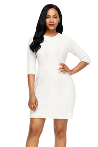 Sexy White Cable Knit Fitted 3/4 Sleeve Sweater Dress