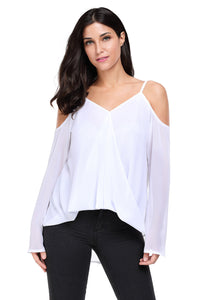 White Cold Shoulder Overlap V Neck Long Sleeve Top