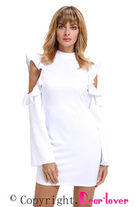 White Cold Shoulder Ruffle Long Sleeve Bodycon Dress