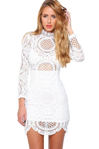 White Crochet Lace High Neck Mini Dress