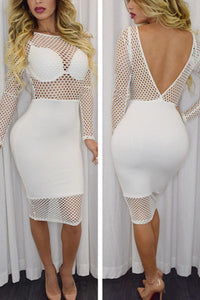 White Fishnet Design Long Sleeve Club Dress
