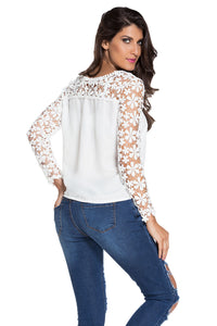 White Floral Croche Lace Long Sleeve Chiffon Blouse