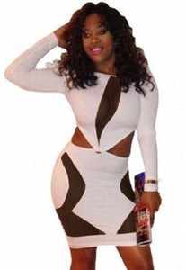 White Geometric Black Stretch Mesh Club Dress