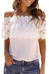 White Lace Spliced Off Shoulder Chiffon Top