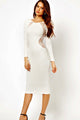 White Long Sleeves Sexy Lace Inset Back Midi Dress