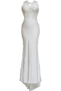 White Open Back Fine Flowers Maxi Wedding Gown