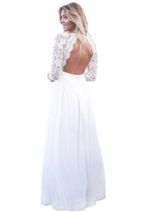 White Open Back Long Sleeve Crochet Maxi Party Dress