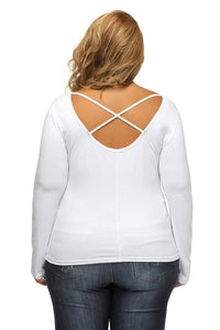 White Plus-Size Crisscross Back Long-Sleeve Top