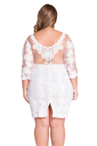 White Quarter Sleeves Elegant Lace Midi Dress
