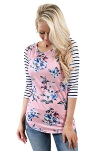 White Striped Sleeves Pink Floral Top