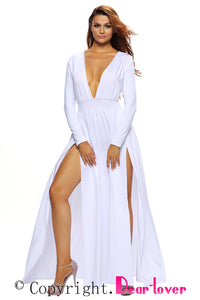 White Super Classy Long Sleeves Double Slit Long Maxi Dress