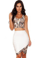 White and Taupe Printed Bandage Two Piece Skirt Set