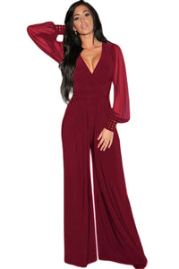 Wine Embellished Cuffs Long Mesh Sleeves Jumpsuit