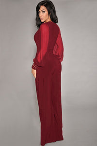 Wine Embellished Cuffs Long Mesh Sleeves Jumpsuit