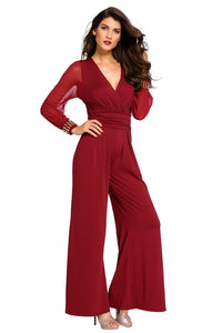 Wine Embellished Cuffs Long Mesh Sleeves Jumpsuit