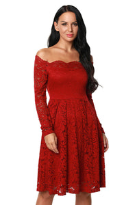 Wine Long Sleeve Floral Lace Boat Neck Cocktail Swing Dress