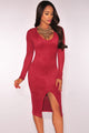Wine Red Faux Suede Long Sleeves Slit Dress