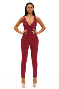 Wine Sexy Sleeveless Button Sides Bodycon Jumpsuit