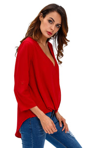 Wine V Neck Ruffle Loose Fit Blouse Top