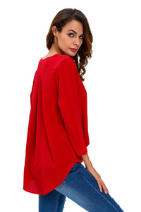 Wine V Neck Ruffle Loose Fit Blouse Top