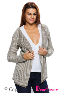 Women Casual Collarless Long Sleeve Khaki Knitted Cardigan