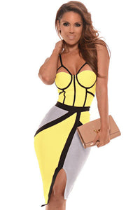Yellow Cutout Bandage Dress with Black Lines