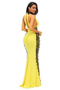 Yellow Peekaboo Halterneck Lace Trim Party Gown