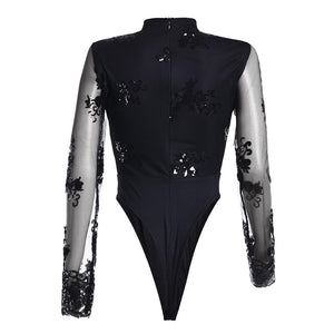 Deep V Neck Women Sexy Club Sequins Bodysuit #Black #Sequins SA-BLL8029-1 Women's Clothes and Bodysuits by Sexy Affordable Clothing