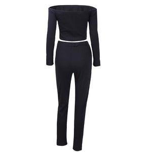 Black Ribbed Knit Off Shoulder Two Piece Set #Long Sleeve #Two Pieces SA-BLL2183-1 Sexy Clubwear and Pant Sets by Sexy Affordable Clothing