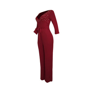 Deep-V Pearl Striped Cropped Sleeve Jumpsuit #V-Neck #Striped SA-BLL55618-3 Women's Clothes and Jumpsuits & Rompers by Sexy Affordable Clothing