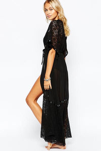 Black Lace Chiffon Patchwork Long Beach Kimono  SA-BLL38282-1 Sexy Swimwear and Cover-Ups & Beach Dresses by Sexy Affordable Clothing