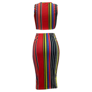 Colorful Stripped Vest and Under-Knee Skirt #Stripe #Two Piece SA-BLL282471 Sexy Clubwear and Skirt Sets by Sexy Affordable Clothing