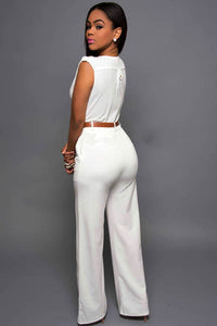 Deep V-Neck White Belted Jumpsuit  SA-BLL55184-2 Women's Clothes and Jumpsuits & Rompers by Sexy Affordable Clothing