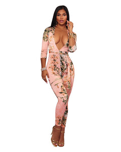 Bussy Peach Floral Print Deep V Neck Jumpsuit #Jumpsuit #Peach SA-BLL55378 Women's Clothes and Jumpsuits & Rompers by Sexy Affordable Clothing