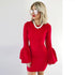 Solid Long Sleeve Knee-Length Dress #Mini Dress #Red