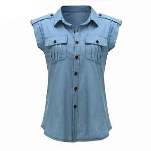 Button Up Turndown Collared Off Shoulder Sexy Denim Tops #Tops SA-BLL574-1 Women's Clothes and Blouses & Tops by Sexy Affordable Clothing