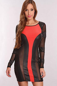 Coral Black Faux Leather Detail Sexy Dress  SA-BLL2541 Fashion Dresses and Bodycon Dresses by Sexy Affordable Clothing