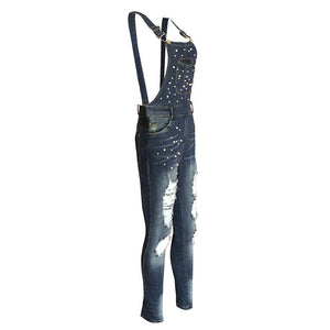 Washing Out Ripped Denim Bib Pants with Beads #Jumpsuit #Sling SA-BLL55430 Women's Clothes and Jumpsuits & Rompers by Sexy Affordable Clothing