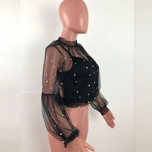 Sexy Beaded Mesh Top With Pop Lantern Sleeves #Mesh #Lantern Sleeves SA-BLL708-2 Women's Clothes and Blouses & Tops by Sexy Affordable Clothing