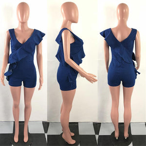 Occassional Ruffles Denim Rompers With V-neck #Ruffles #V-Neck #Denim SA-BLL55600-1 Women's Clothes and Jumpsuits & Rompers by Sexy Affordable Clothing