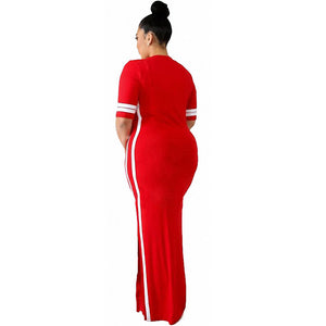 Side Split Plain Maxi Dresses With Contrast Bands #Red #Short Sleeve #Round Neck #Side Split SA-BLL51306-2 Fashion Dresses and Maxi Dresses by Sexy Affordable Clothing