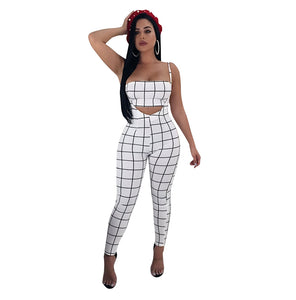 Printed Grid Two Pc Sets Rompers #White #Two Piece SA-BLL28151-2 Sexy Clubwear and Pant Sets by Sexy Affordable Clothing