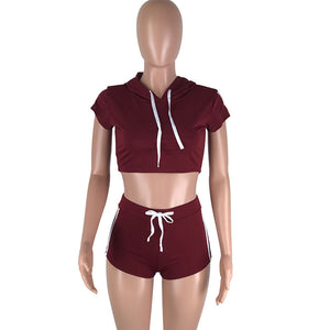 Play A Game Of Tennis Short Set - Red/White #Short Sleeve #Hooded #Striped #Crop Top SA-BLL2234-3 Sexy Clubwear and Pant Sets by Sexy Affordable Clothing